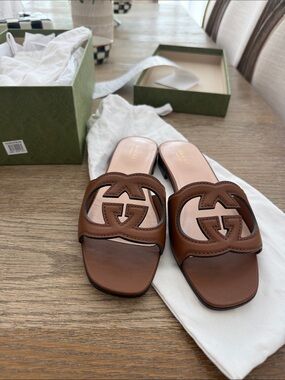 Gucci Brown Leather GG Cutout Slide Mules